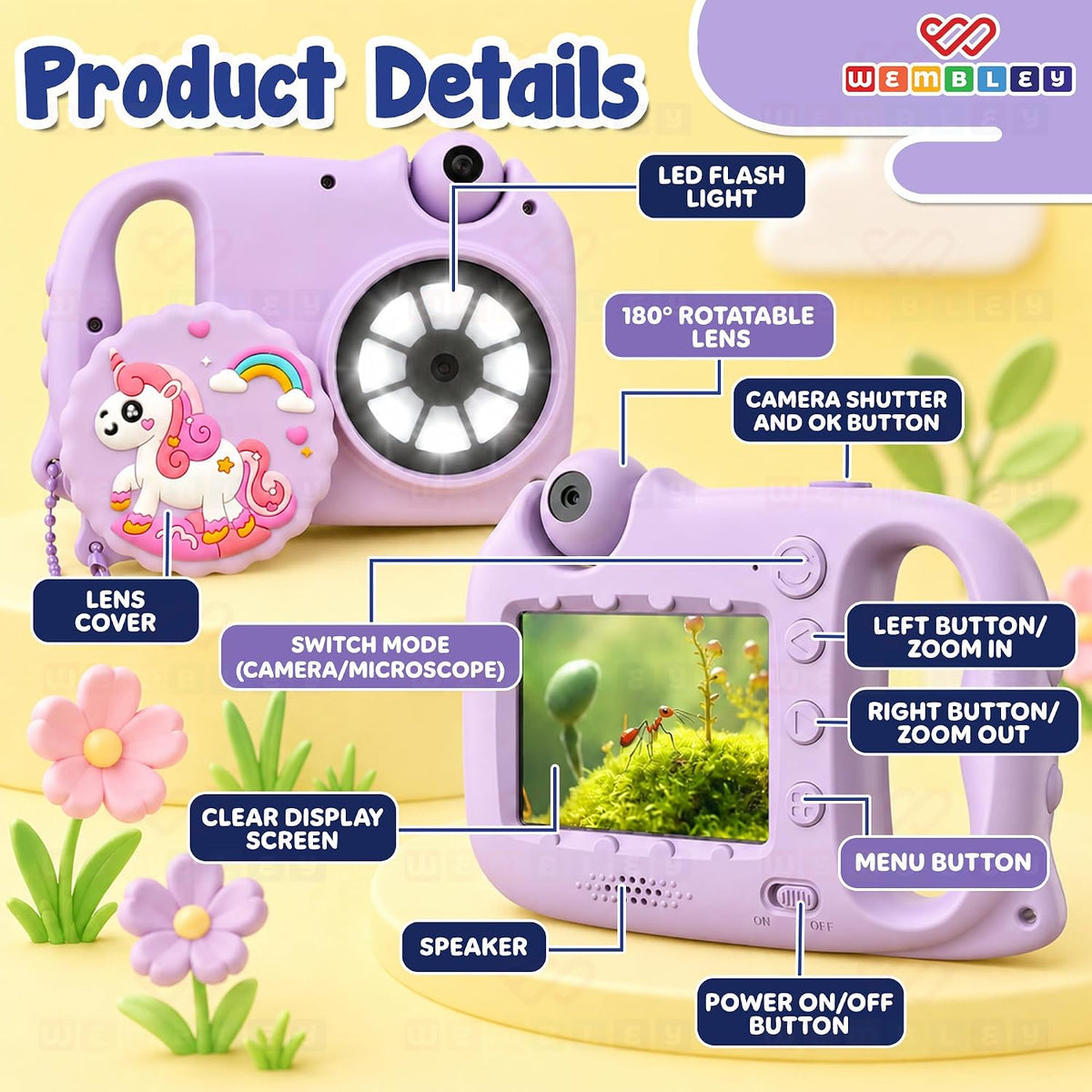 3-in-1 Toy Camera & Digital Microscope for Kids (Unicorn Theme)