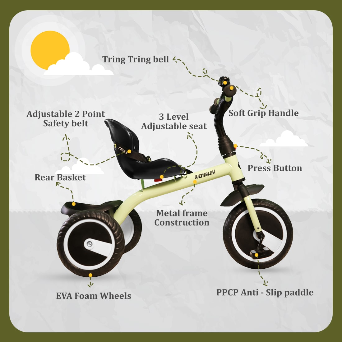 Tricycle Capacity 50 Kgs - Sage Green - Wembley Toys